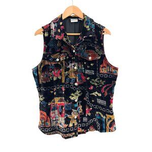 Chico's Size 2 = Large/12 Velvet Printed Sleeveless Top Collared Button Shirt